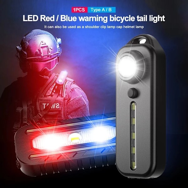 LED röd och blå axel polis ljus med klämma usb uppladdningsbara ficklampor varning säkerhet fackla cykel varning lykta