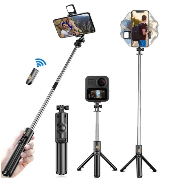 Trådløs Selfie Stick Stativ Stativ med Lys Bluetooth Fjernkontroll Utvidbart Stativ