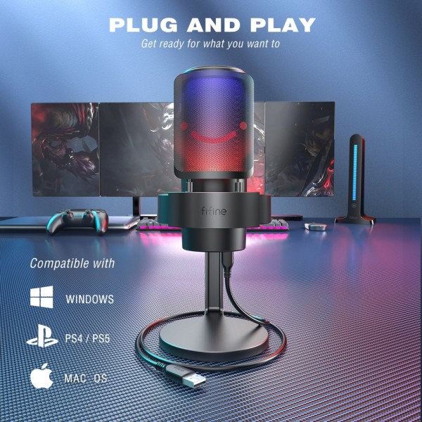 USB mikrofon för inspelning och strömning på PC och Mac,Headphone utgång och Touch-mute knapp,Mic med 3 RGB lägen