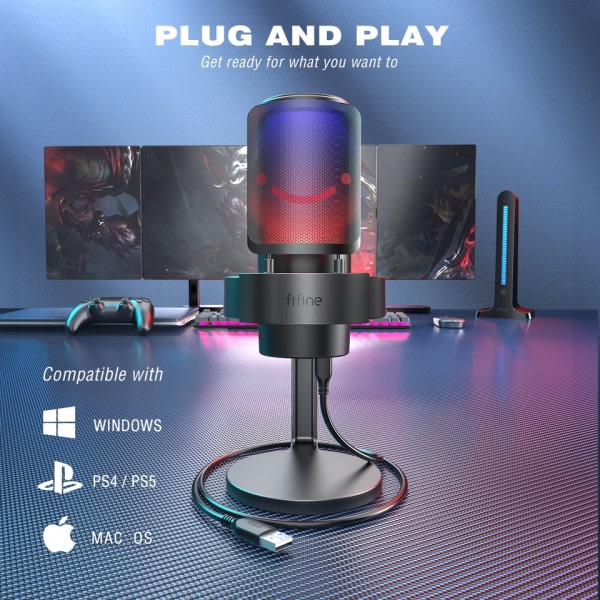 USB mikrofon til optagelse og streaming på pc og Mac,Headphone output og touch-mute knap,Mic med 3 RGB tilstande