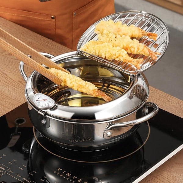 Rustfrit stål olie pande husholdning termometer med dæksel tempura olie frituregryde