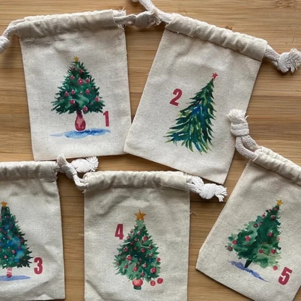 Stoff jul advent kalender snøre poser gjenbrukbare akvarell juletrær