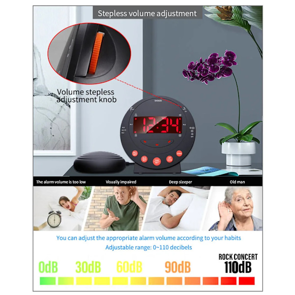 Högt vibrerande alarm klocka med säng shaker blixt ljus ljusstyrka justerbar snooze dubbel alarm inställning