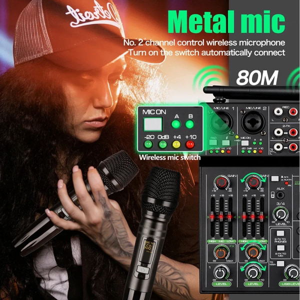 4 Kanals Lyd Mixer med Trådløs Mikrofon USB Lyd Bord Bluetooth Konsol DJ Mixing