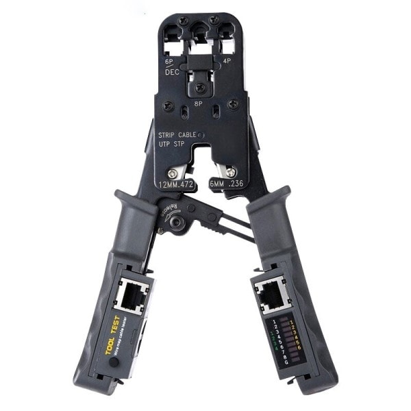 Alt i ett Kabel Tester Crimper] for RJ45 RJ12 RJ11 Modular Plugs Network Connectors Strip Cut Test og Crimp Tool