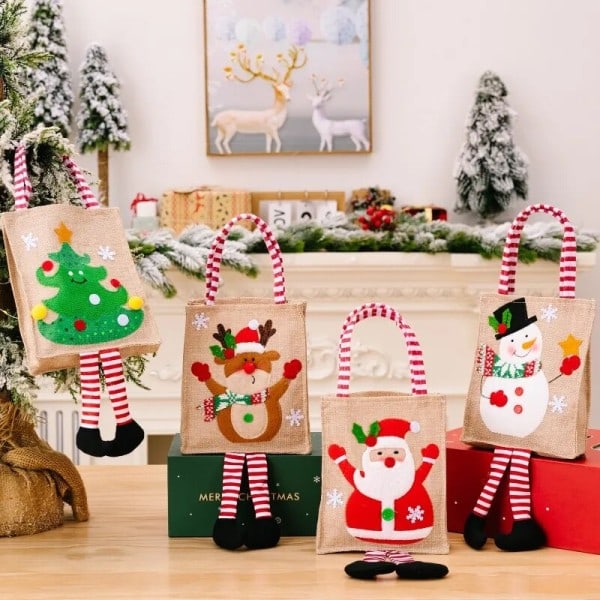 Jul godteri gave veske nissen elg snømann dukke tote pose jule pynt