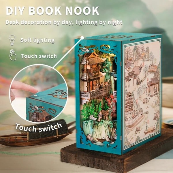 Træ bog krog hylde indsats miniature byggesæt  bogreol montage 3D dukke hus