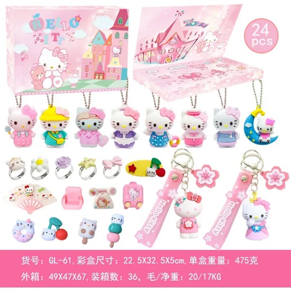 24 bitar Jul Slumpmässiga Anime Figurer Hello Kitty Nyckelring Ring Barrett Advent Kalender