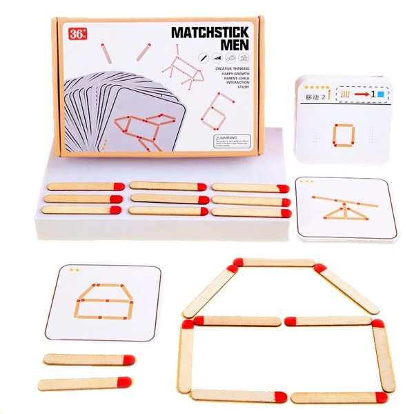 Montessori Tændstikker Puslespil Spil Træ Legetøj Gør det selv Matematik Geometri Bræt spil