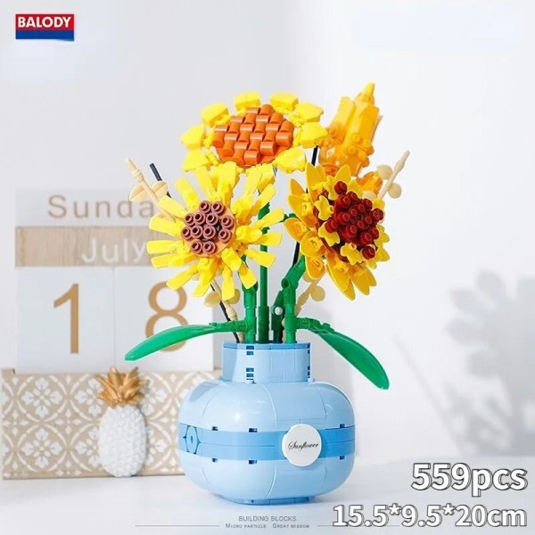 Blomst bukett med vase kompatibel byggeblokker solsikker voksen monterte blomster potter