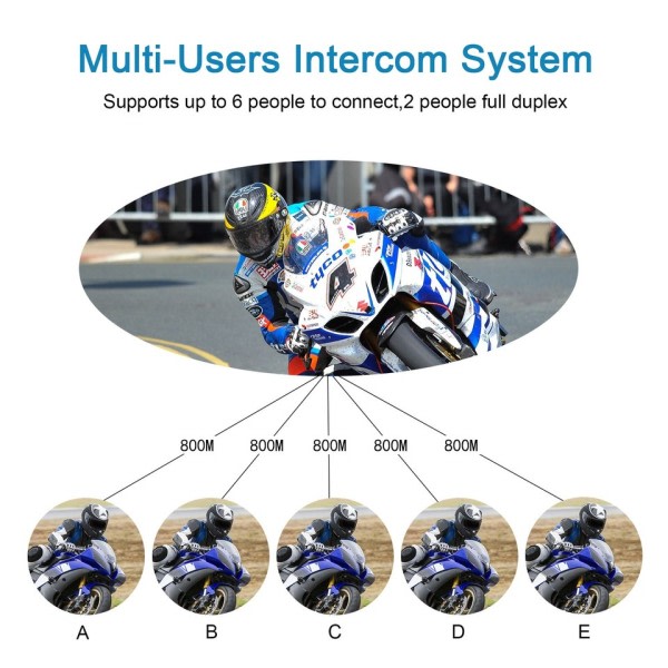 Motorsykkel Bluetooth Hjelm Intercom Headset 1200M Intertelefon for 6 Riders Vanntett Musikk spiller