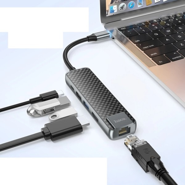 USB C HUB 4K 30Hz Type C til HDMI 2.0 RJ45 USB 3.0 PD 60W Adapter