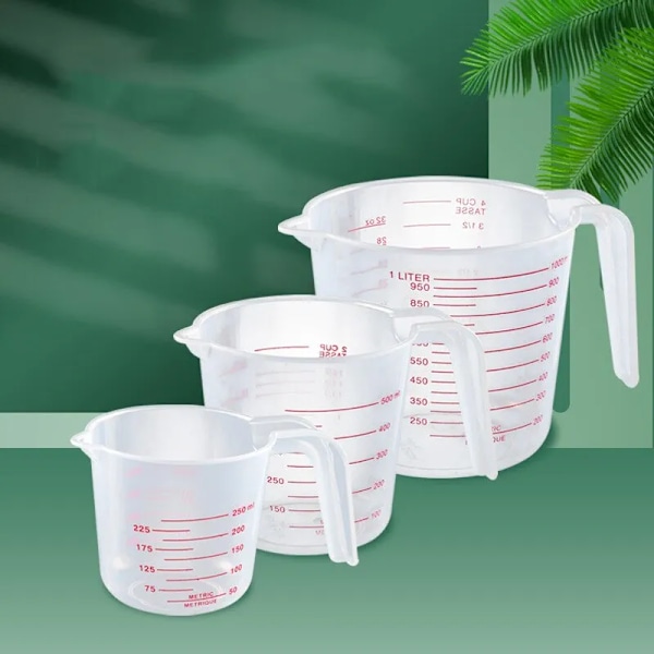 3 bitar 250-500-1000 Ml Plast Transparent Graderad mått Mopp Hushåll Kök Bakning Mät Verktyg Set Handtag Design Muggar
