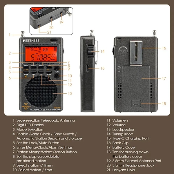 Reteness TR110 Portable SSB Shortwave Radio FM MW SW LSB AIR CB VHF UHF Fuld Band NOAA Alert Digital Radio Receiver for outdoor
