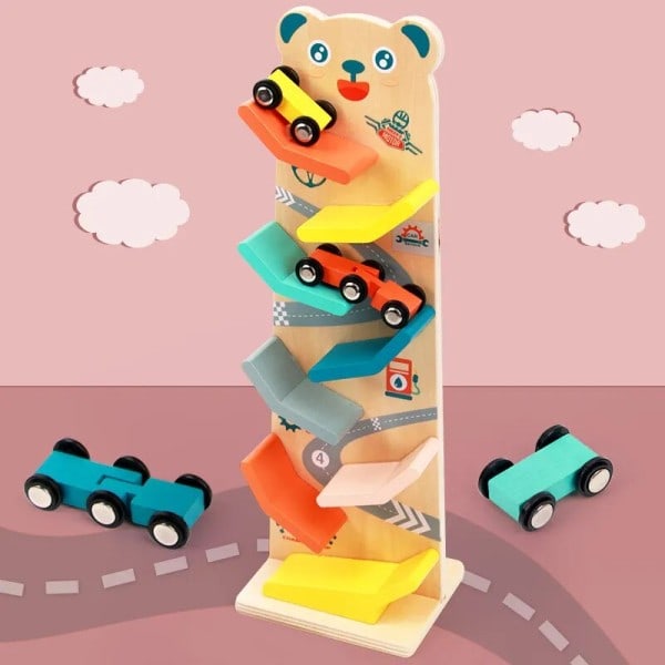 Race Bane,Wooden Rampe Bil Rampe Racer Colorful Wood Race Bane Rampe med 4 mini biler