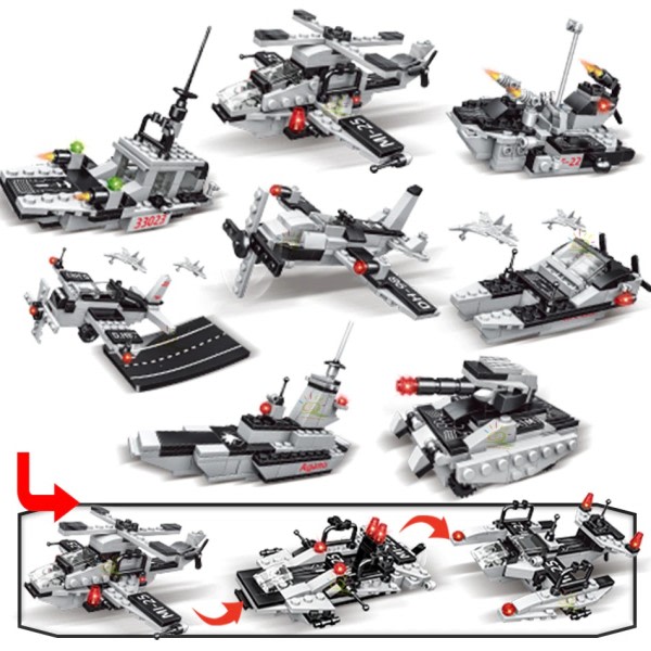 Militär Flygplan Vapen Krigsskepp Byggnadsblock Armé Fartyg Robot Plan Set tegelstenar Stad Byggnad Leksaker