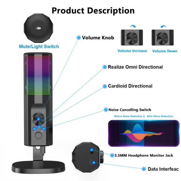 Støjreducerende Mikrofon med RGB LED Lys USB Gaming Desktop Kondensator