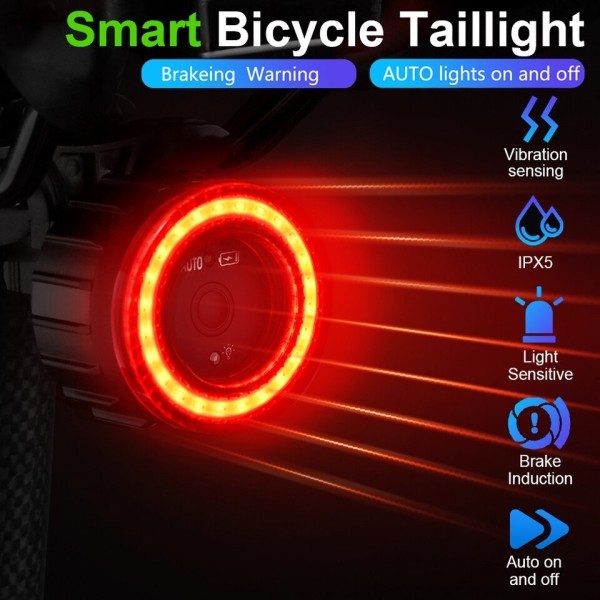 Cykel Smart Auto Bremse Sensing Lys Vandtæt LED Oplader Cykling Baglygte Lys