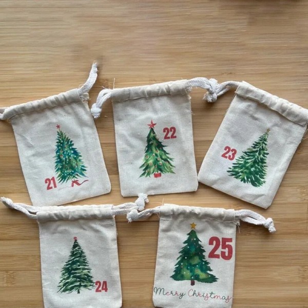 Stoff jul advent kalender snøre poser gjenbrukbare akvarell juletrær bf53 |  Fyndiq