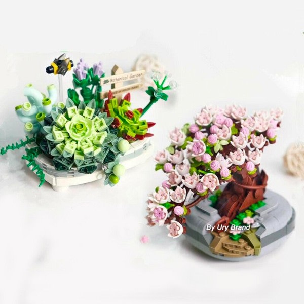 Desktop Bonsai Evig Blomma Rosa Sakura Körsbärsträd Kruka Växt 3D Modell Gör-det-själv Mini block tegelstenar byggnad leksak