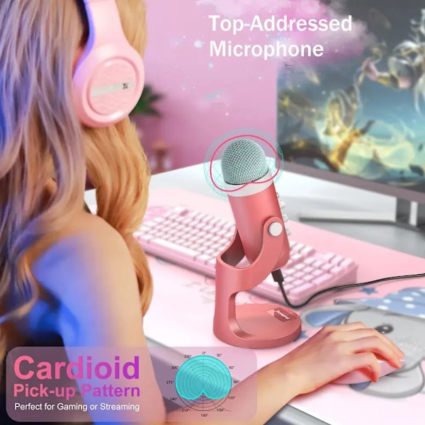USB Kondensator Mikrofon Rosa Studio Opptak Mic for PC Mac Datamaskin Telefon Gaming Streaming Podcasting