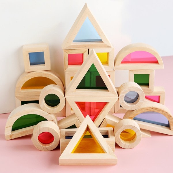 Trä regnbåge stapling block kreativt färgstarkt lärande och pedagogiskt byggande ljus transmission byggnad leksak