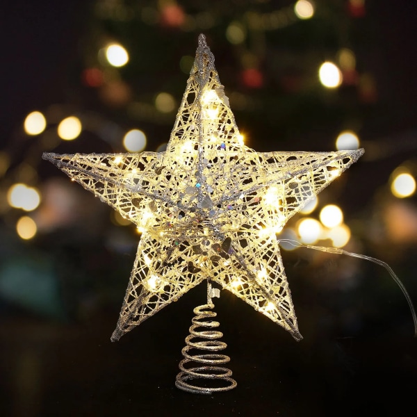 Jern Glitter Pulver Jule Tre Topper Star med LED Kobber Wire Lys