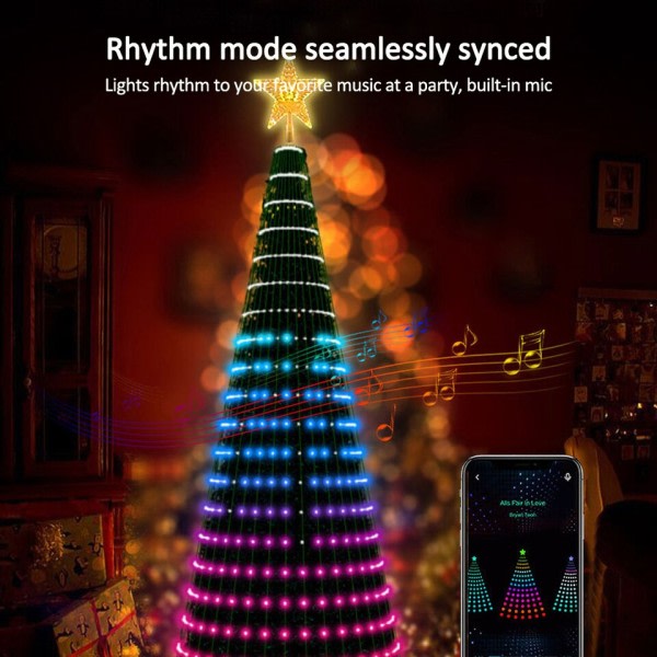 Jul Træ Toppers Lys Flerfarvet Fairy LED Star String Waterfall Xmas APP Bluetooth Home Yard Holiday Decor