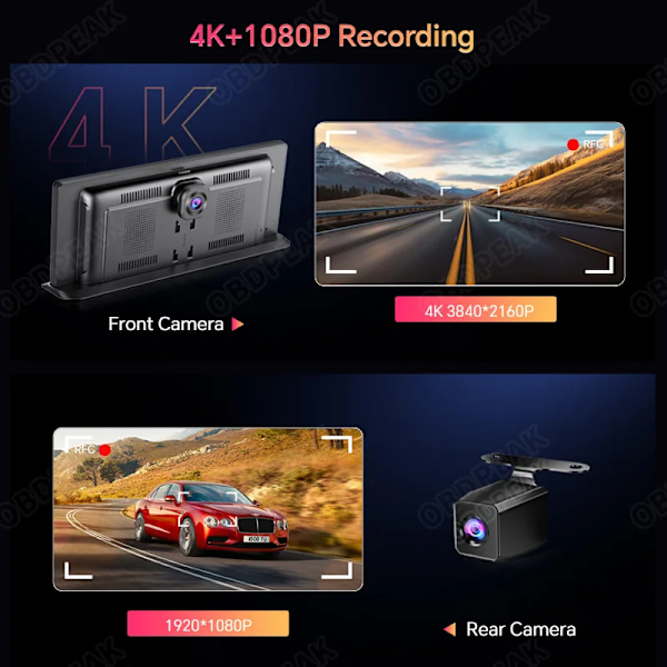 11,3" Dash Cam 4K 2160P Bil DVR Opptak Carplay & Android Auto Trådløs Tilkobling 5G WiFi GPS Navigasjon Dashboard Dobbelt Lens Med 128G  TF kort