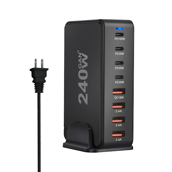 240W  Skrivbord Laddare 8-portar USB Typ C PD Laddare Snabb Ladda 3.0 USB Typ C Snabb Laddare