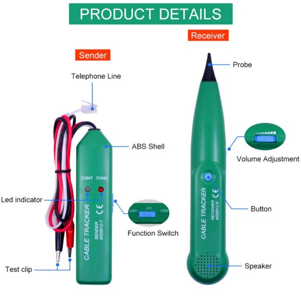 MS6812 Cable Car Tracker Tester Professional Line LAN Detector UTP STP Telephone Wire Tracer