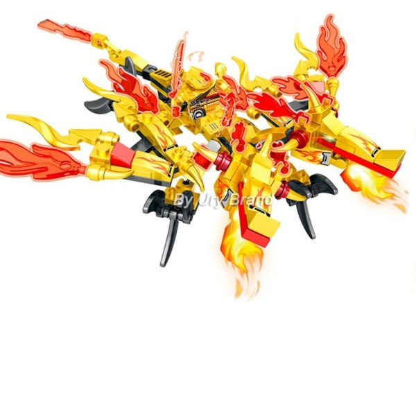 4i1 Ninja Golden Warrior Robot Mech 2 Heads Flying Dragons Set Fighter Figurs Byggnadsblock Leksaker