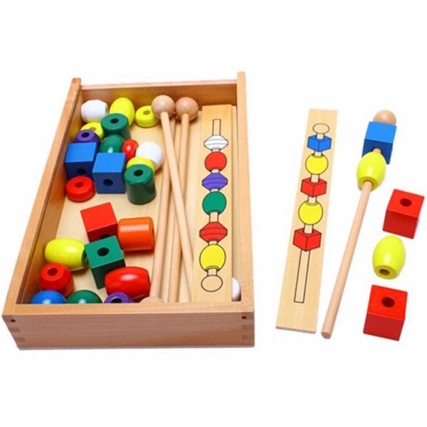 Montessori Pædagogisk Træ legetøj til børn farverigt form pind perle  sæt klodser legetøj træ legetøj