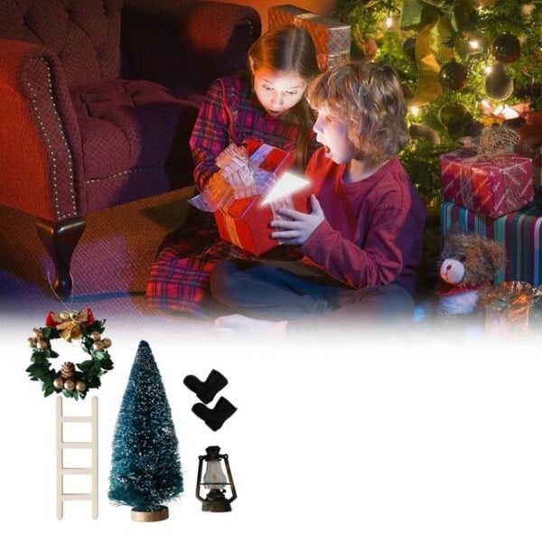Mini Elf Set Jul Trä Miniatyr Dockhus Dekoration Tillbehör Paket 5 trappor träd