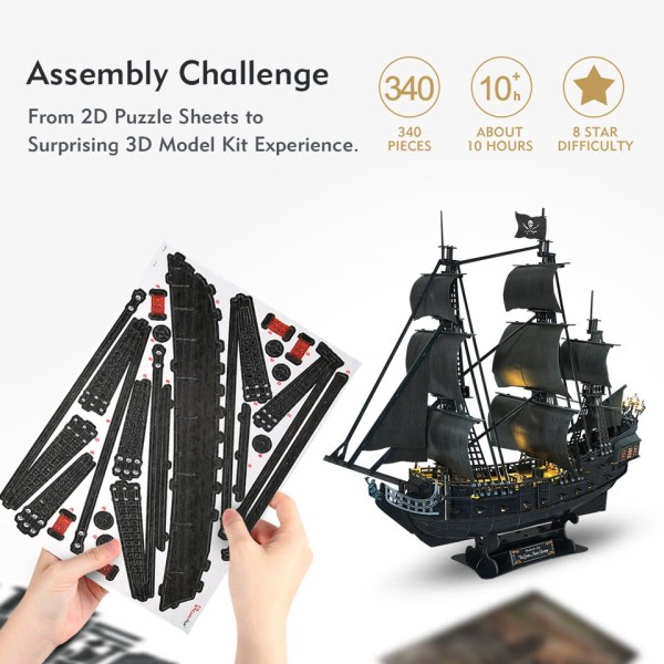 3D pussel 293st Drottning Anne Revenge Pirat Skepp Gåvor med 15 LED lampor Segelbåt Modell Byggsats Leksak