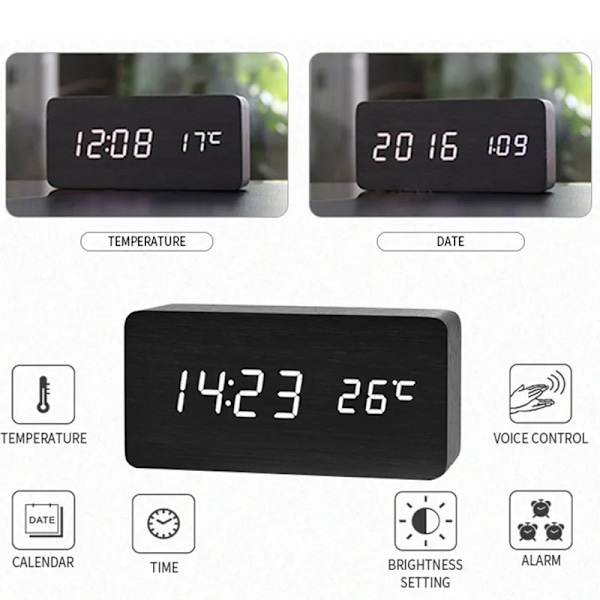 Trä Digital Väckarklocka LED Väckarklocka med Temperatur Skrivbord Klockor