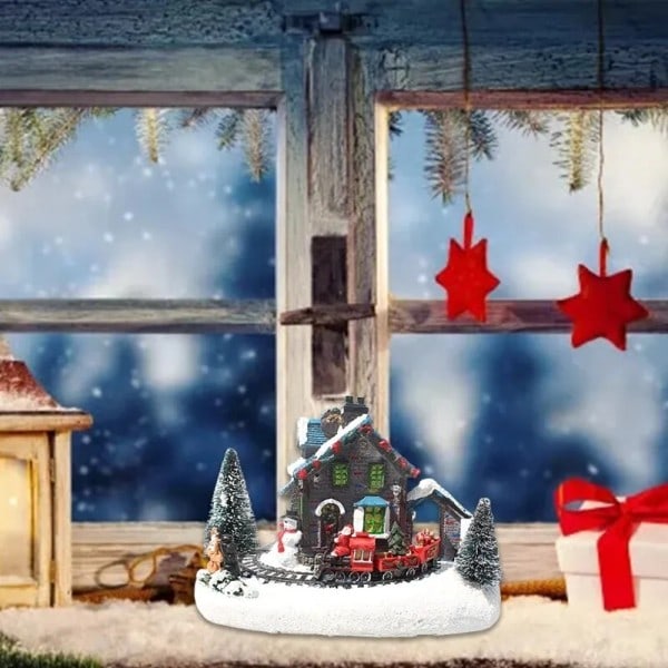 Jul liten tåg by snö hus lysande harts prydnad