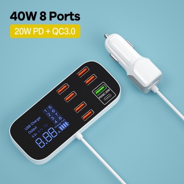 8 porte USB bil oplader QC3.0 PD hurtig opladning telefon oplader 40W 8A multi USB stik med LED display