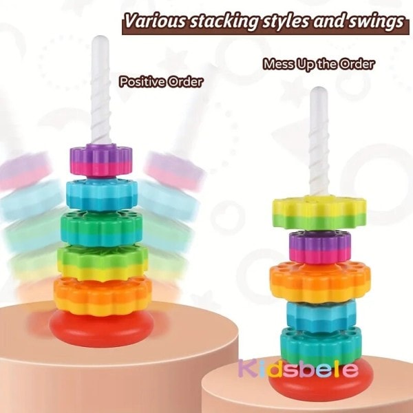 Baby Spinning Stabling Leksaker Spin Leksaker ABS Plast och Färg Regnbåge Design Ring Stacker Baby leksaker