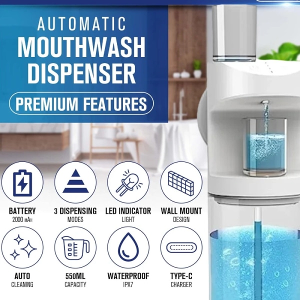 550ml Automatisk Munnvatten Dispenser Laddbar Monterad Munn Svätt Dispensers 3 Dispensering Levels Med Magnetiska Muggar Förvaring