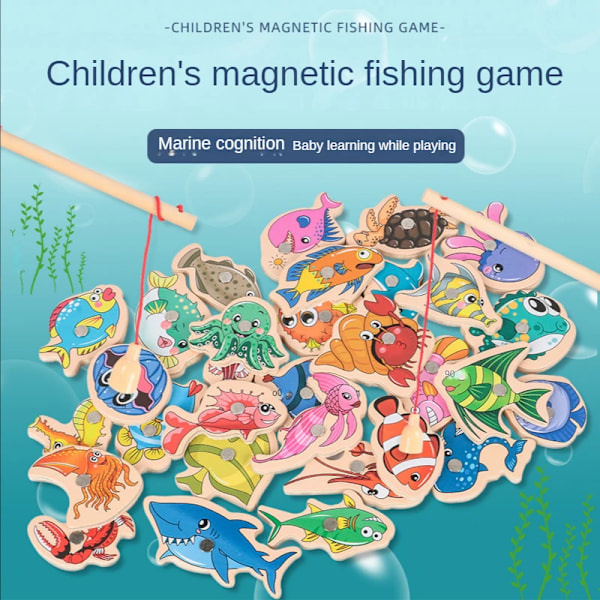 31 bitar Trä Magnetisk Fshing Spel Tecknad Marine Life Cognition Fisk Spö Leksaker för Barn Tidig Utbildnings Förälder-barn Interaktiv