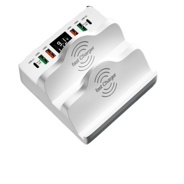 80W 6 porter USB lader stasjon med dobbel trådløs lader stativ hurtiglading 3.0 PD rask lader