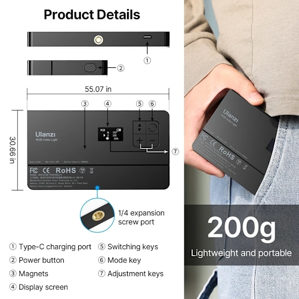 RGB LED Video Panel Lys 7 tommers Lomme Fyld Lys Dimbar 2500-9000K 4000mAh Fotografi for Live Streaming