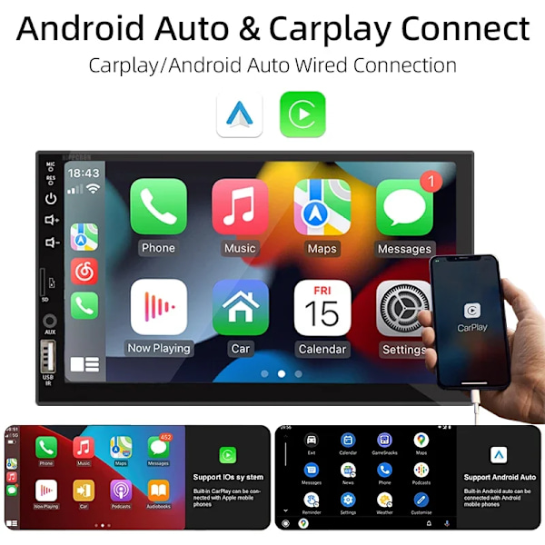 Auto Radio 1 Din Carplay Android Auto Multimedia soitin HD 7‘’ kosketus näyttö