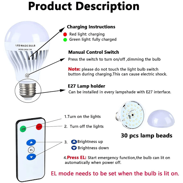 7W E27 Fjärrkontroll Nödläge Ljus Glödlampa Uppladdningsbar Dimning Hushåll LED Lampa