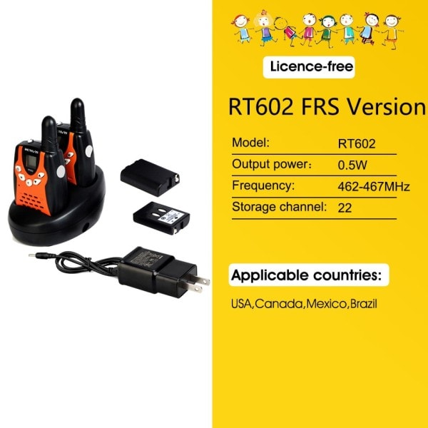 Walkie Talkie Barn Retevis RT602 Uppladdningsbar 2st 0,5W Barn's Radio Med batteri