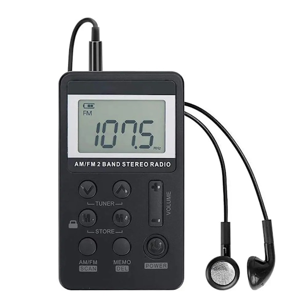Mini Pocket Radio med Hörlurar USB Uppladdningsbar AM/FM Full Band Portable Radio