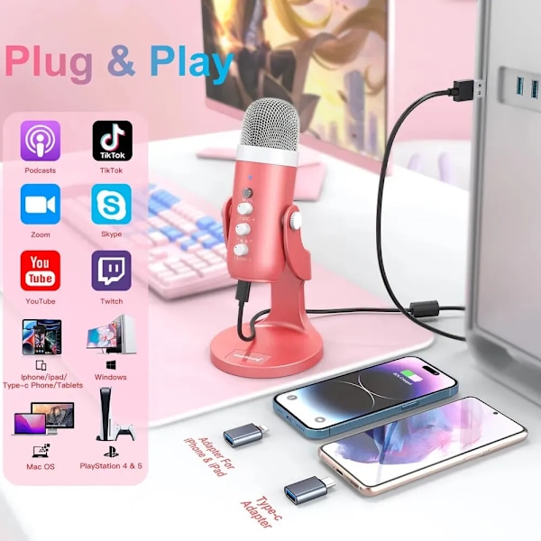USB kondensaattori mikrofoni vaaleanpunainen studio tallennus mikro PC Mac tietokone puhelin pelaaminen suoratoisto podcasting