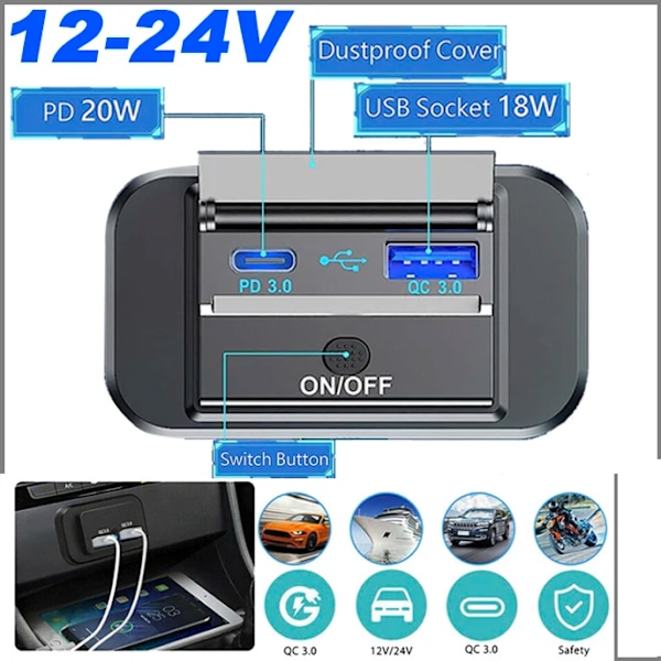 24V QC3.0 PD Bil lader Socket Quick Charge Dual USB med ON/OFF