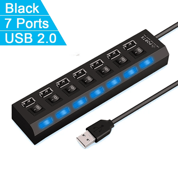 Hög Speed 7 Portar USB HUB 2.0 Adapter Expander Multi USB Splitter Multiple Extender med LED Lampa